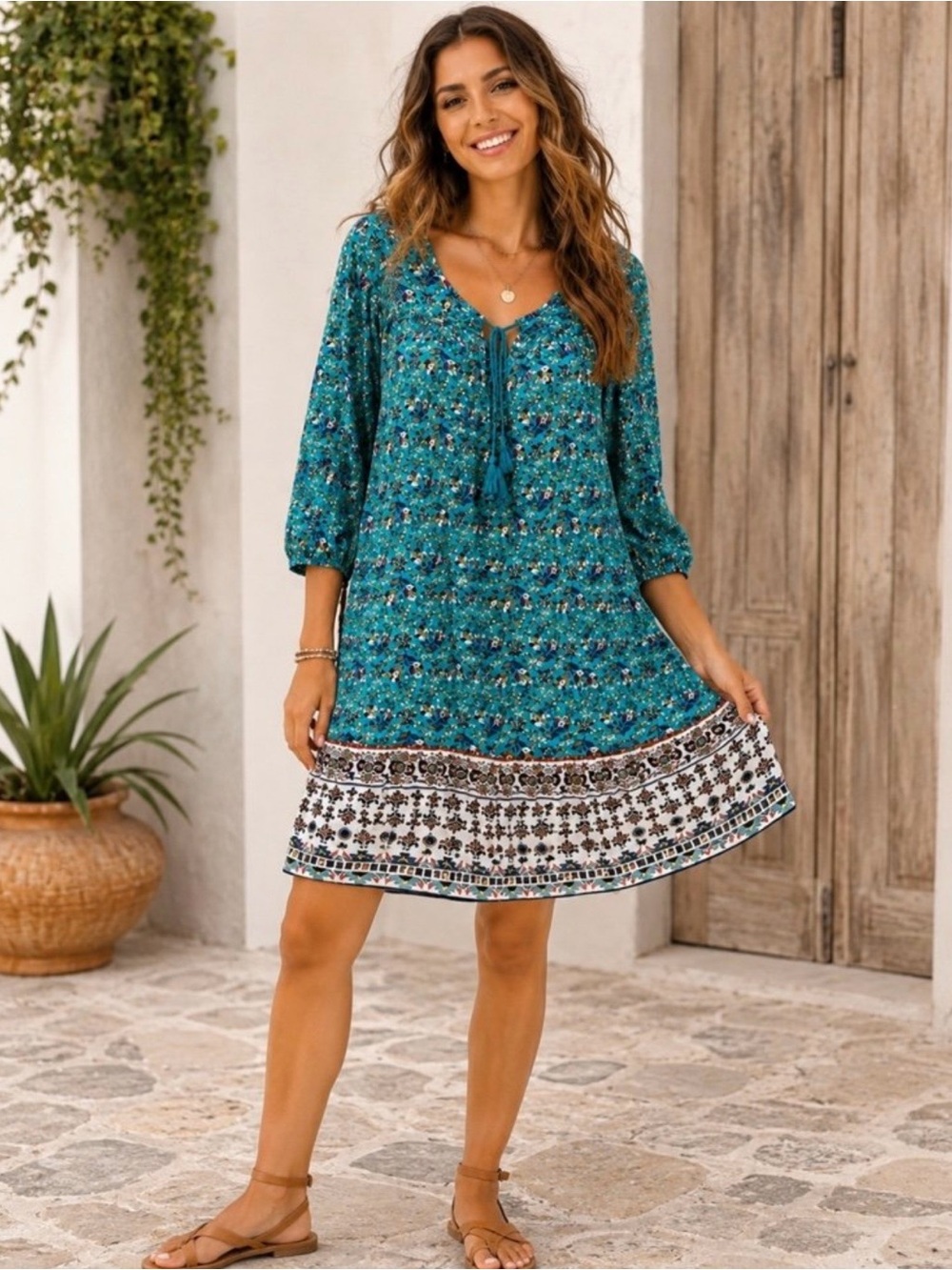 As U Wish Teal Multicolor Floral Boho Shift Dress Knee Length SizeM